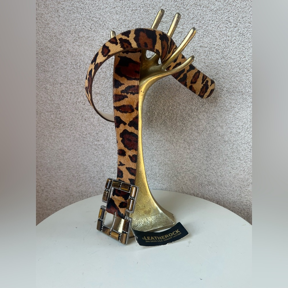 Leatherock glam belt leather leopard print buckle tiger eye stones Sz 36 NWT. - Picture 6 of 11